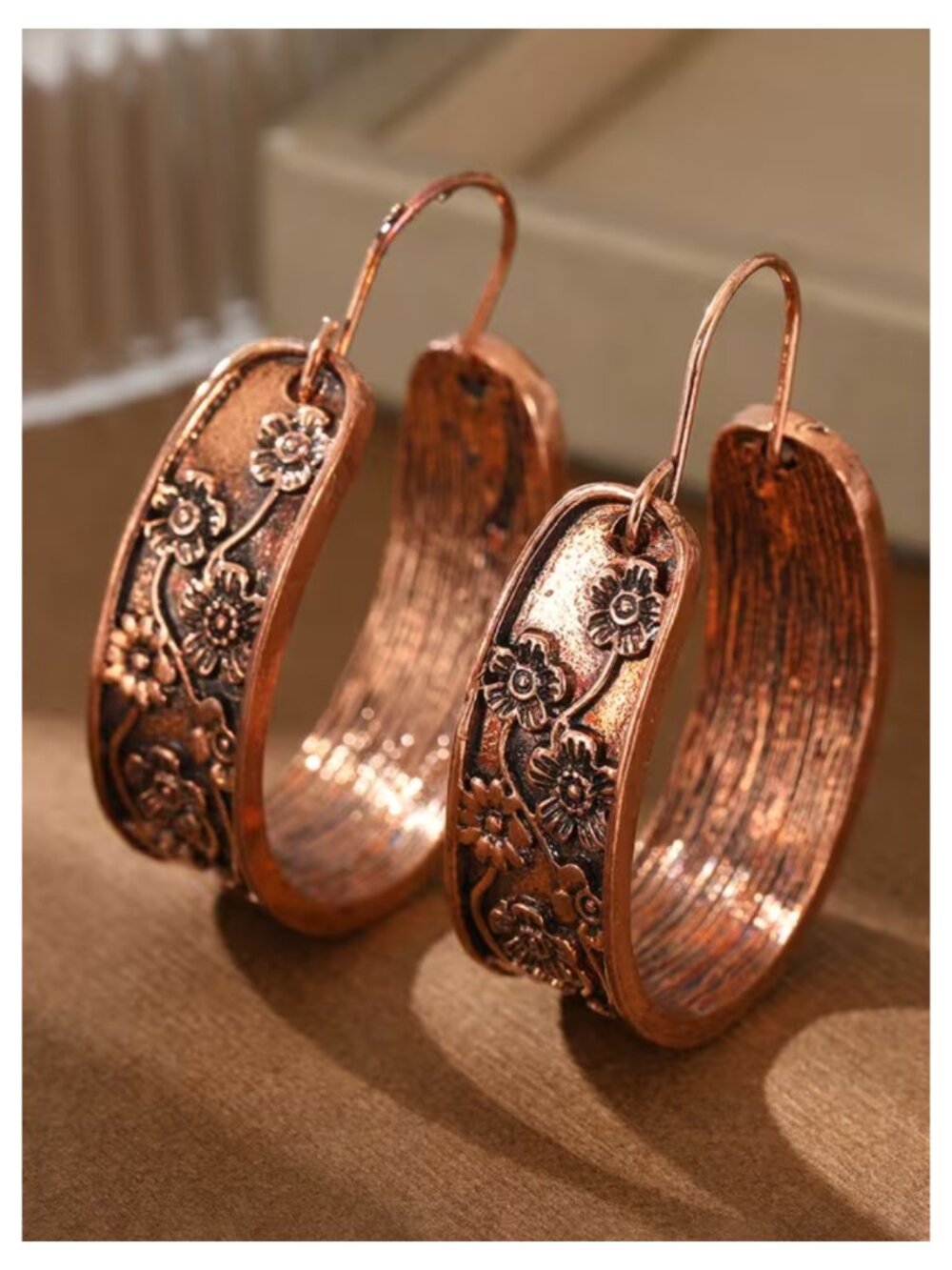 Vintage Boho Copper Floral Carved Wide Chunky Open J Hoop Earrings Antique Style - Picture 3 of 10